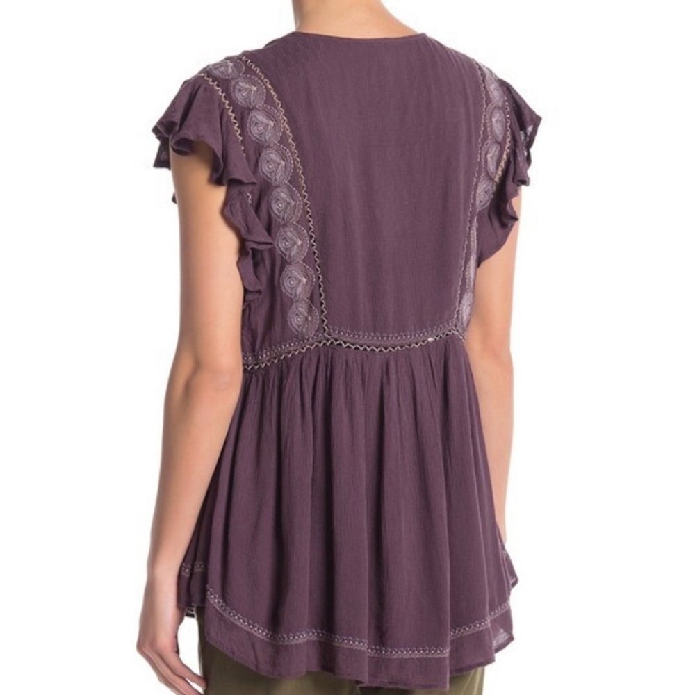 Free People XS Falling Water Purple | Plum Ruffle Embroidered Tunic Top NWOT - Picture 11 of 11